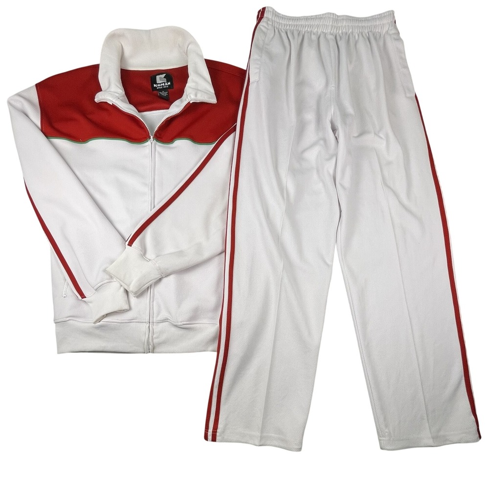 Koman Vintage 90s Y2K Tracksuit Men XL White Red Full Zip Jacket and Pants Set